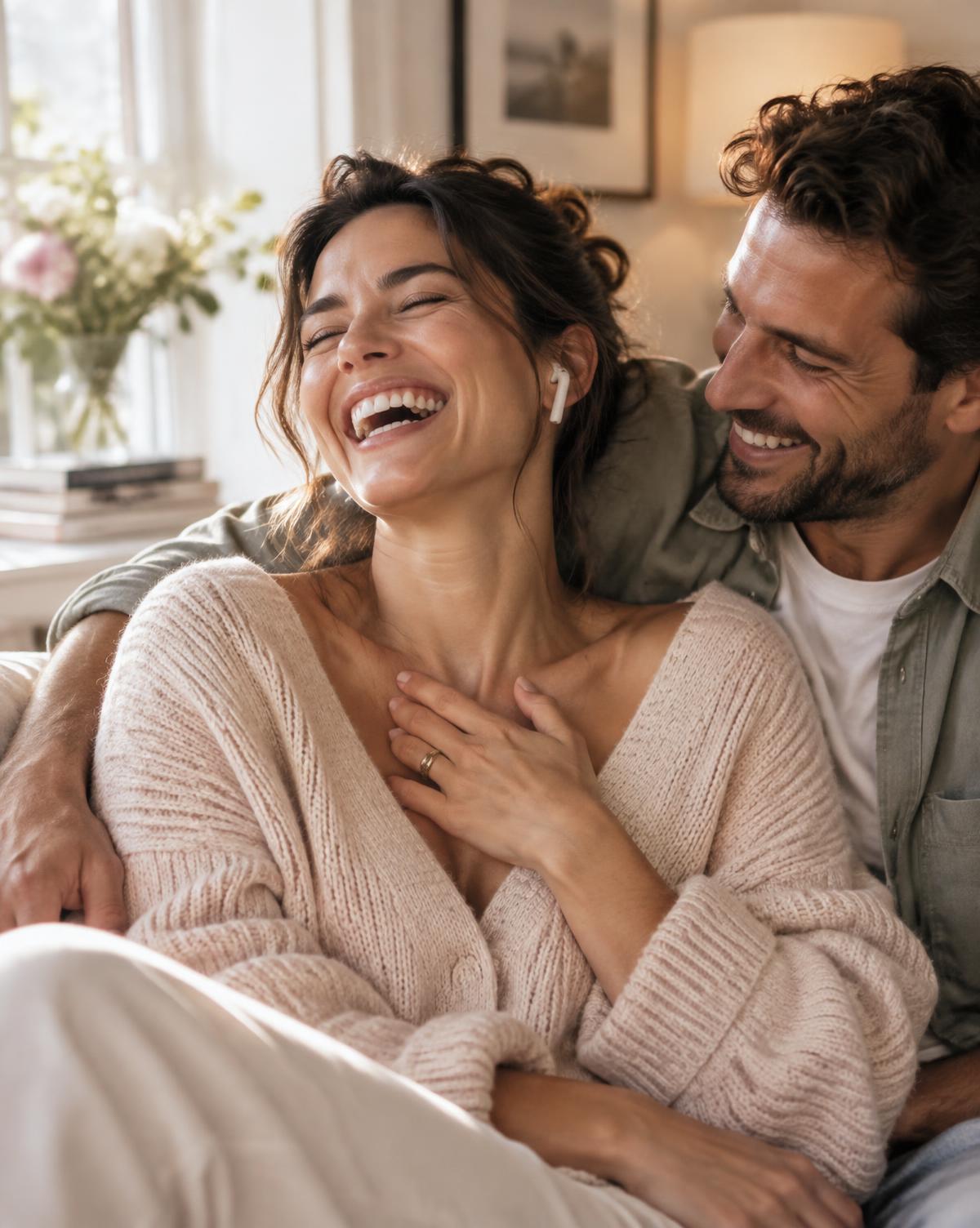 A woman laughing while listening to a song written about her, hugged by her partner
