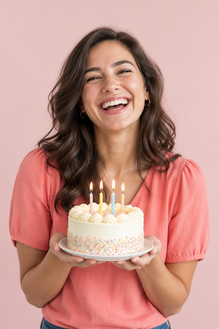 A woman laughing as she holds her birthday cake