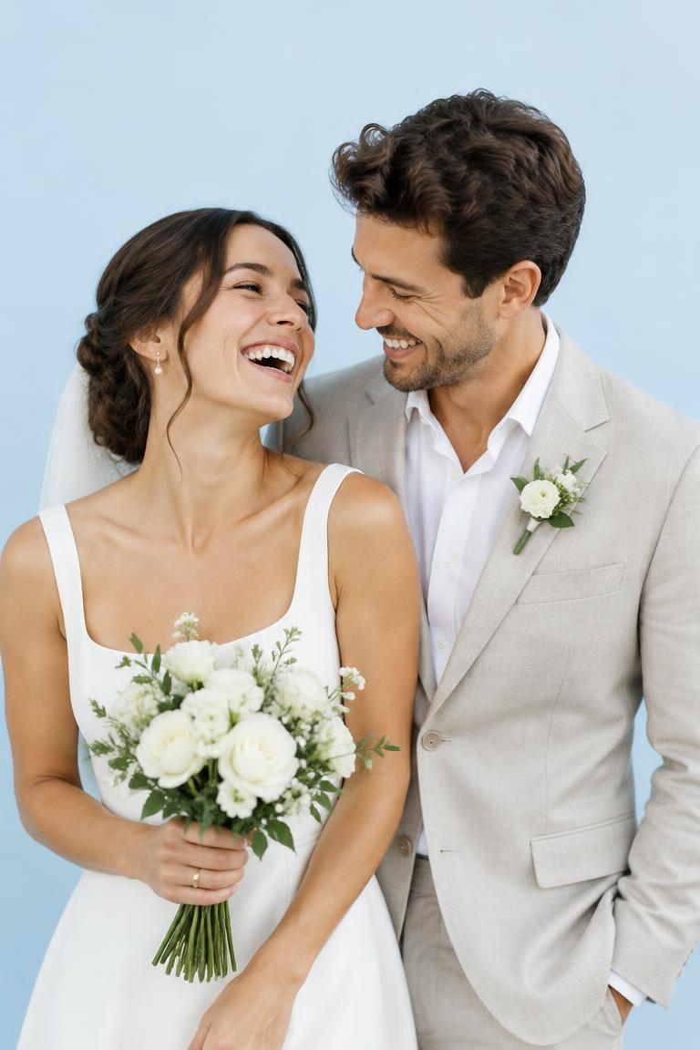 Newlyweds laughing together with a wedding bouquet